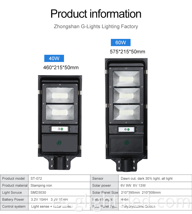 SMD impermeable ip65 al aire libre 60w 80w 100w todo en una luz de calle LED solar integrada